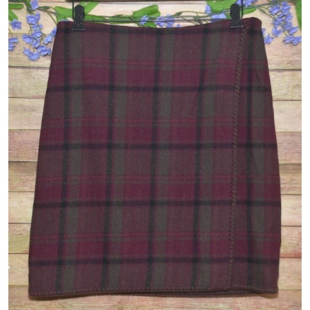 Eddie Bauer Ladies 4 Marron Plaid Wool Blend Faux Wrap Short Skirt Dark Academia